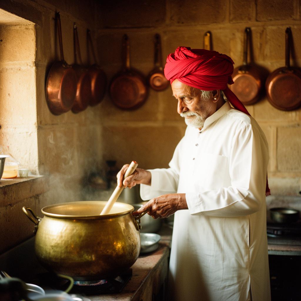Dadaji at the angeethi, stirring laal maas in our family's brass kadhai