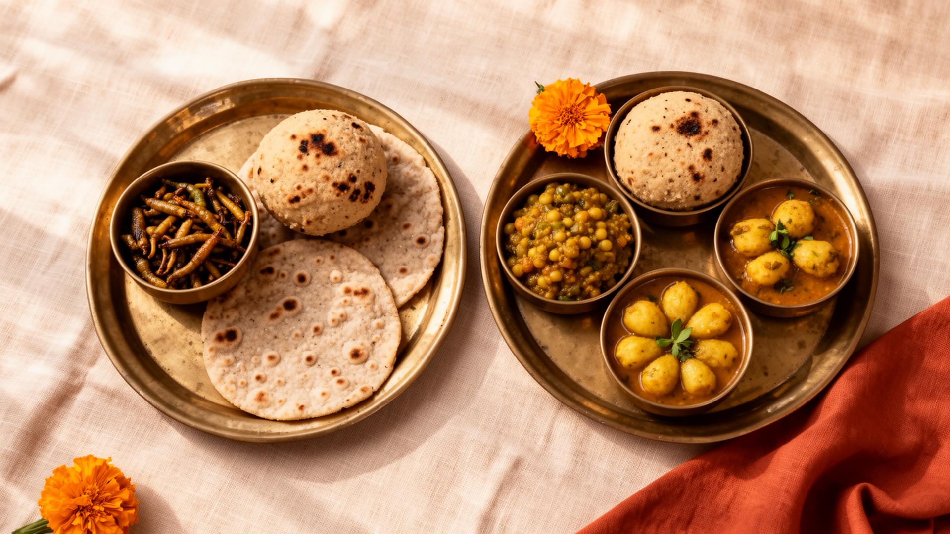 A Rajasthani thali of bajra roti, ker sangri and dal baati on brass plates